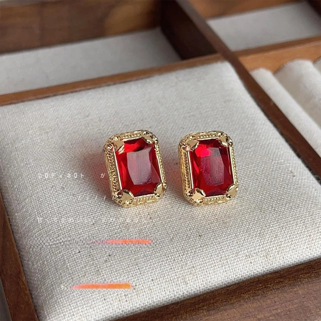 Vintage French Palace Red Glass Crystal Geometric Square Window Frame Stud Earrings