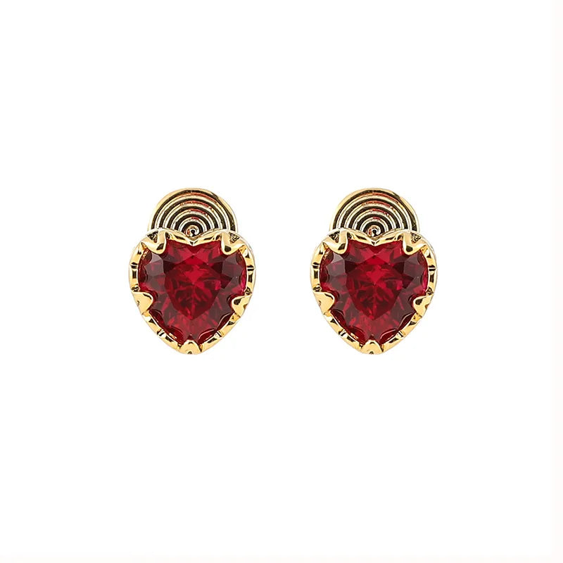 Elegant Rose Red Heart Zircon Gold Tone Alloy Stud & Clip On No Piercing Minimalist Everyday Earrings