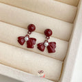 Burgundy Enamel Metal Bow Drop Earrings Retro Hong Kong Style Autumn Winter Jewelry