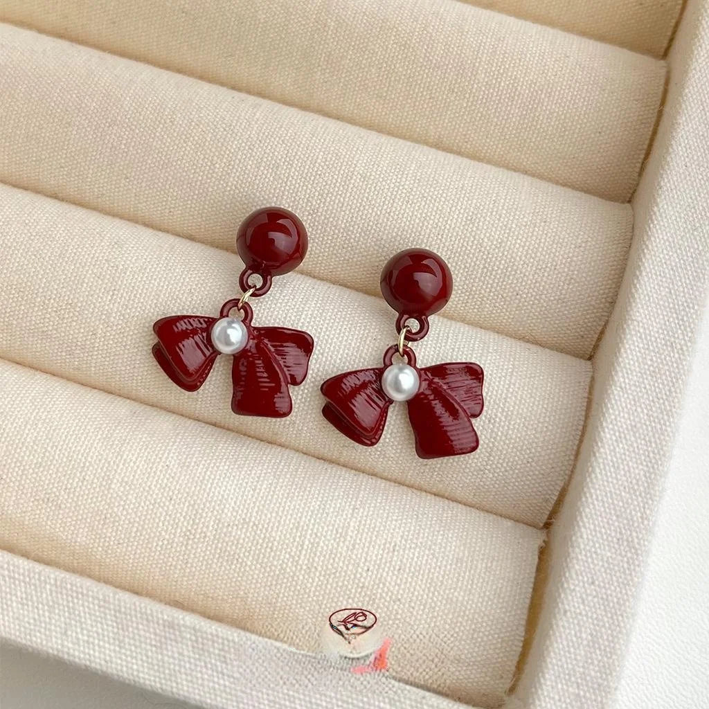 Burgundy Enamel Metal Bow Drop Earrings Retro Hong Kong Style Autumn Winter Jewelry
