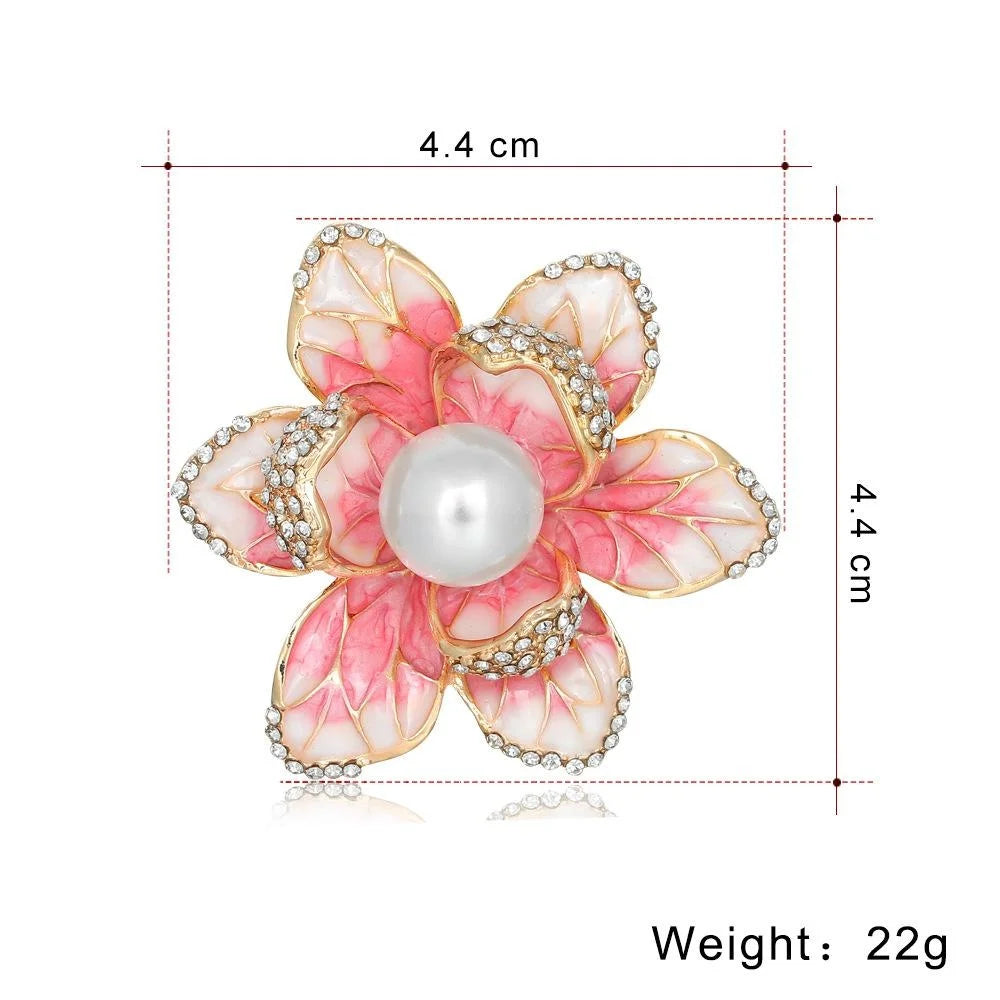 Elegant Pink Enamel Begonia Flower Brooch With Faux Pearl And Rhinestones, Floral Lapel Pin Gift