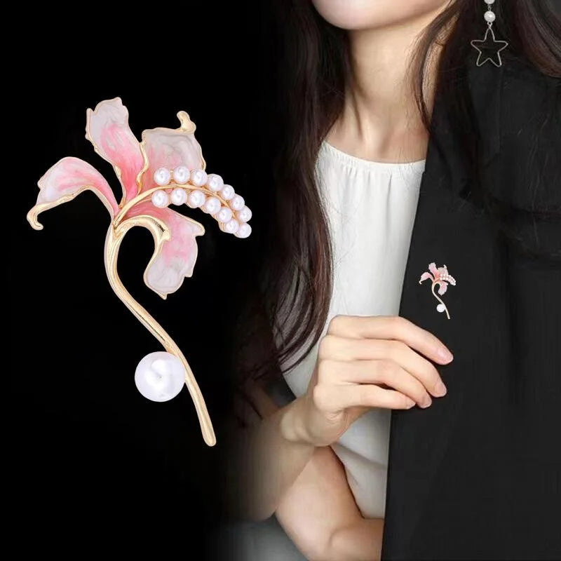 Elegant Purple Enamel Lily Flower Brooch With Pearl Accents, Luxury Lapel Pin Corsage Gift