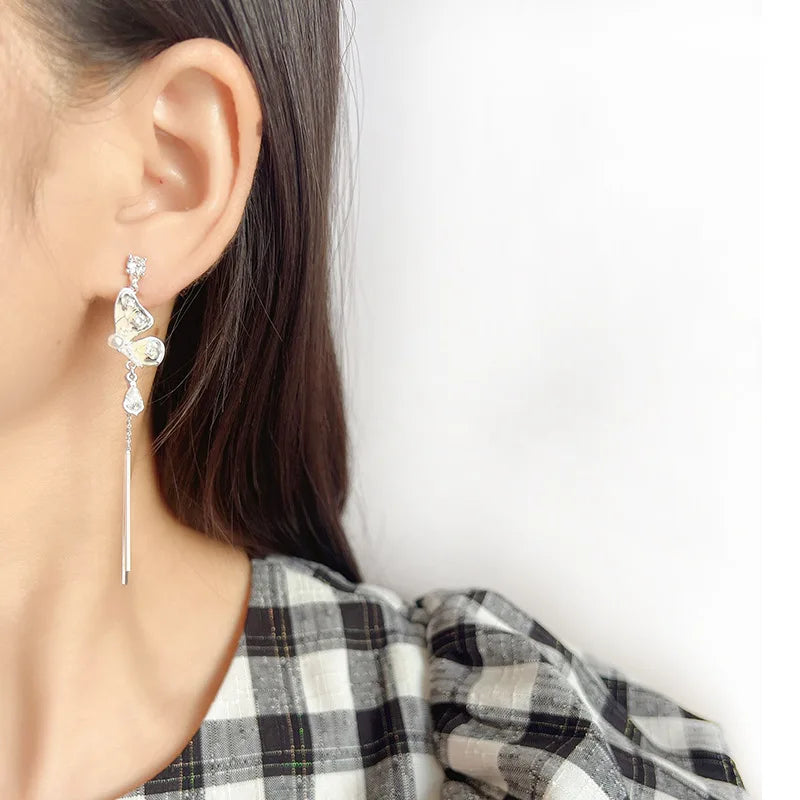 Elegant Ink Butterfly Alloy Crystal Long Tassel Stud & Clip On No Piercing Earrings