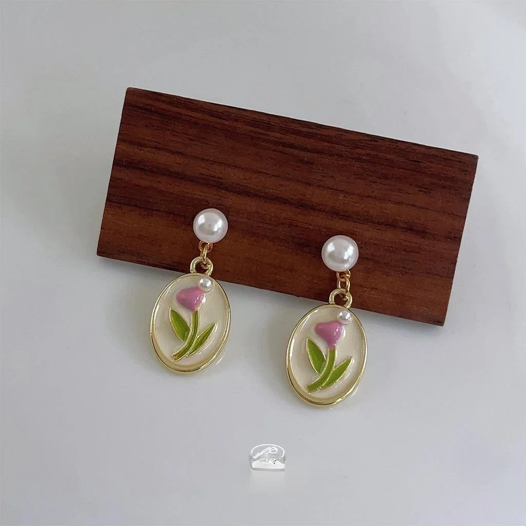 14K Gold Plated Copper Pearl Tulip Enamel Drop Earrings Forest Style Sweet Floral Jewelry