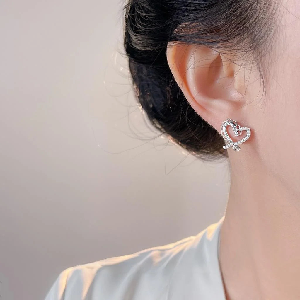 Copper Zircon Pearl Heart Lace Stud Earrings, Sweet Fairy Style Jewelry