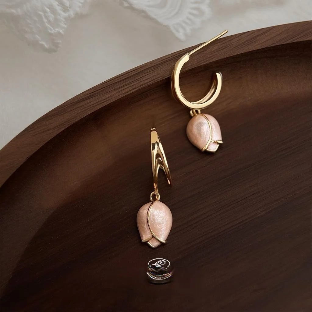 Sweet Pink Tulip Drop Earrings 14K Plated Copper Floral Oil Painting Enamel