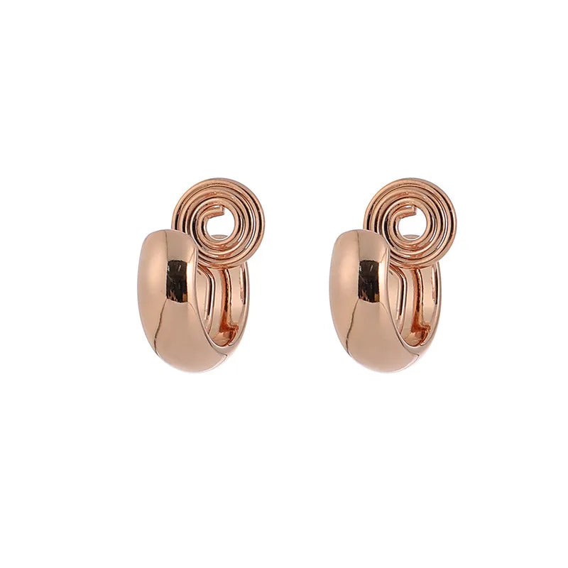 Vintage Gold Alloy Spiral Disc C Hoop Stud & Clip On No Piercing Minimalist Metal Ear Cuff Earrings