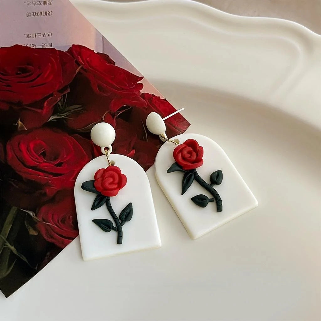 Handmade Polymer Clay Rose Flower Drop Earrings, Sweet Summer Vacation Style Jewelry