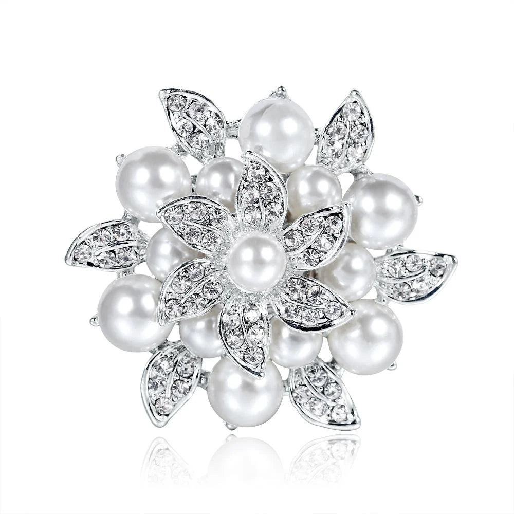Elegant Pearl Alloy Rhinestone Flower Brooch For Women, Luxury Lapel Pin Corsage Suit Accessory Gift