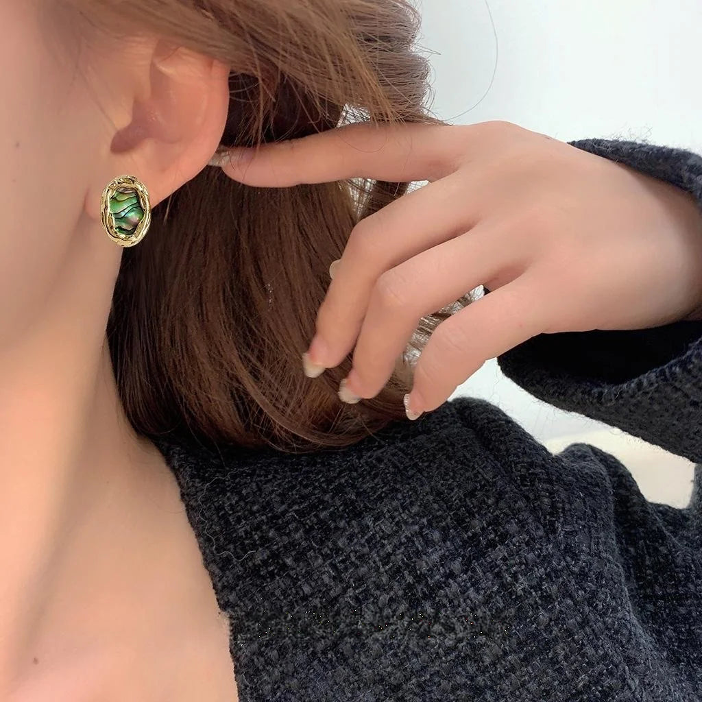 Luxury 14K Gold Plated Copper Abalone Shell Baroque Stud Earrings
