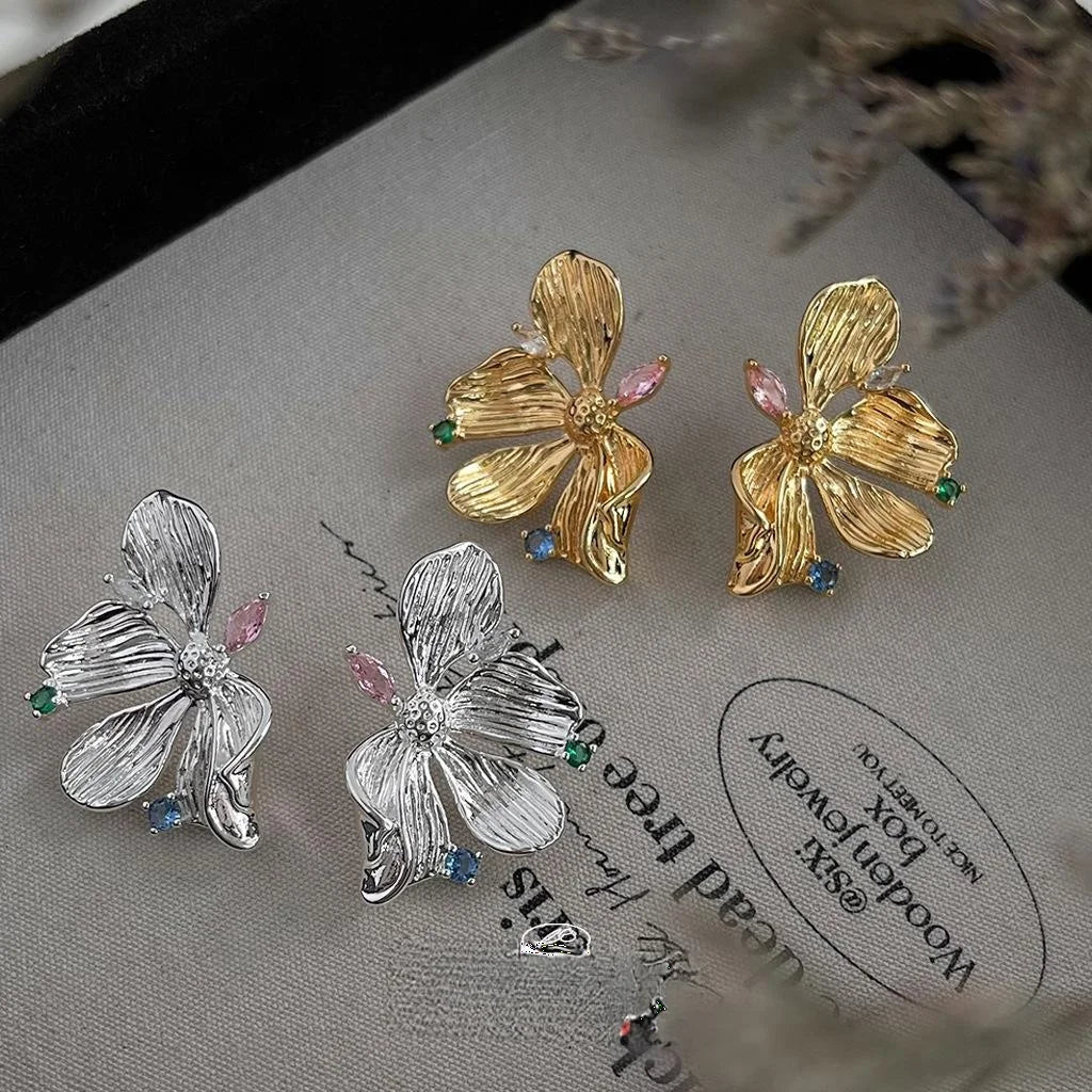 Elegant 14K Plated Liquid Flower Metal Drop Earrings With Micro Pave Zircon