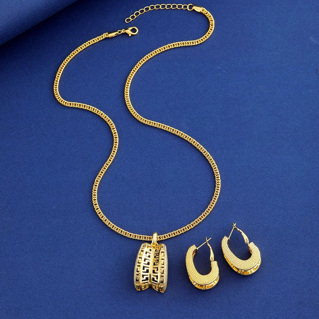 24K Gold Plated Alloy Geometric Hollow Necklace And Earrings Jewelry Set, Luxury Elegant Bridal Jewelry For Wedding