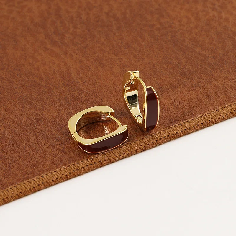 Vintage Red Enamel Square Hoop Alloy Stud & Clip On No Piercing Commuter Statement Earrings