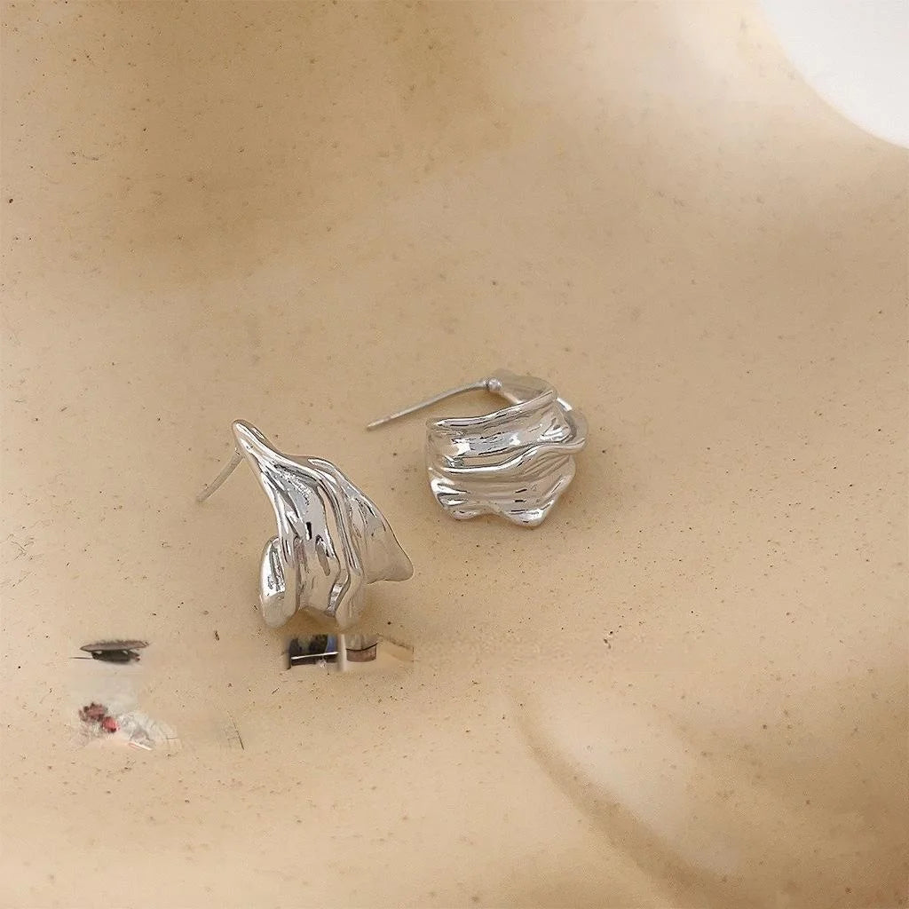 Minimalist Silver Plated Copper Irregular Geometric Wrinkle Drop Earrings For Women