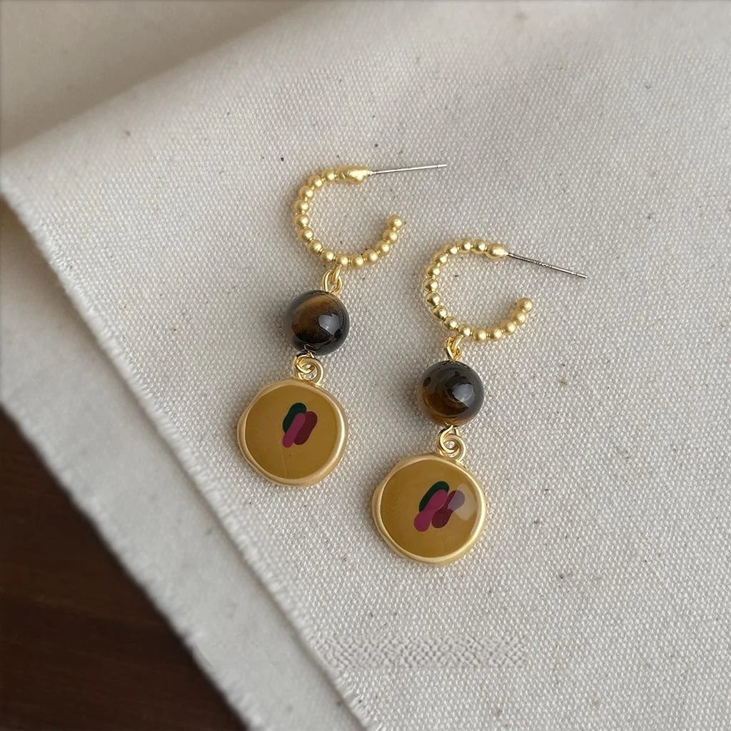 Vintage Oil Painting Style Tiger Eye Stone Enamel Geometric Long Drop Earrings for Women