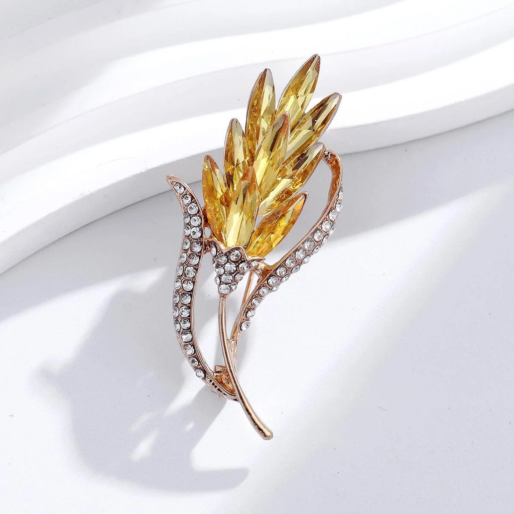 Elegant Wheat Ear Brooch With Yellow Rhinestone Crystals, Gold Tone Alloy Lapel Pin Corsage Suit Accessory