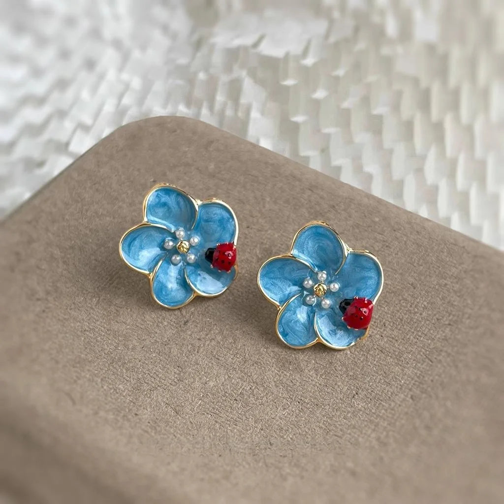 Handmade Enamel Ladybug Flower Drop Earrings Copper Fresh Sweet Floral Jewelry