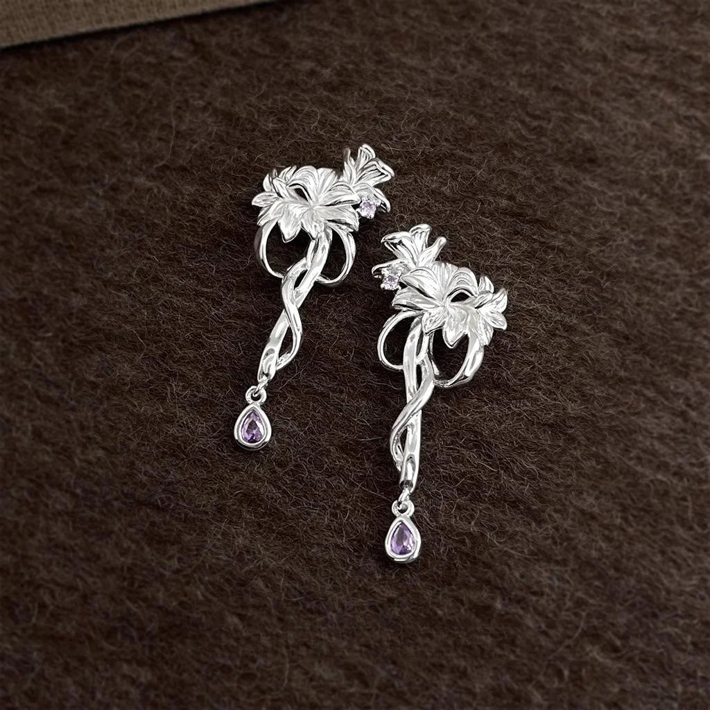 Original Designer Fairy Style Iris Vine Flower Copper Zircon Drop Earrings