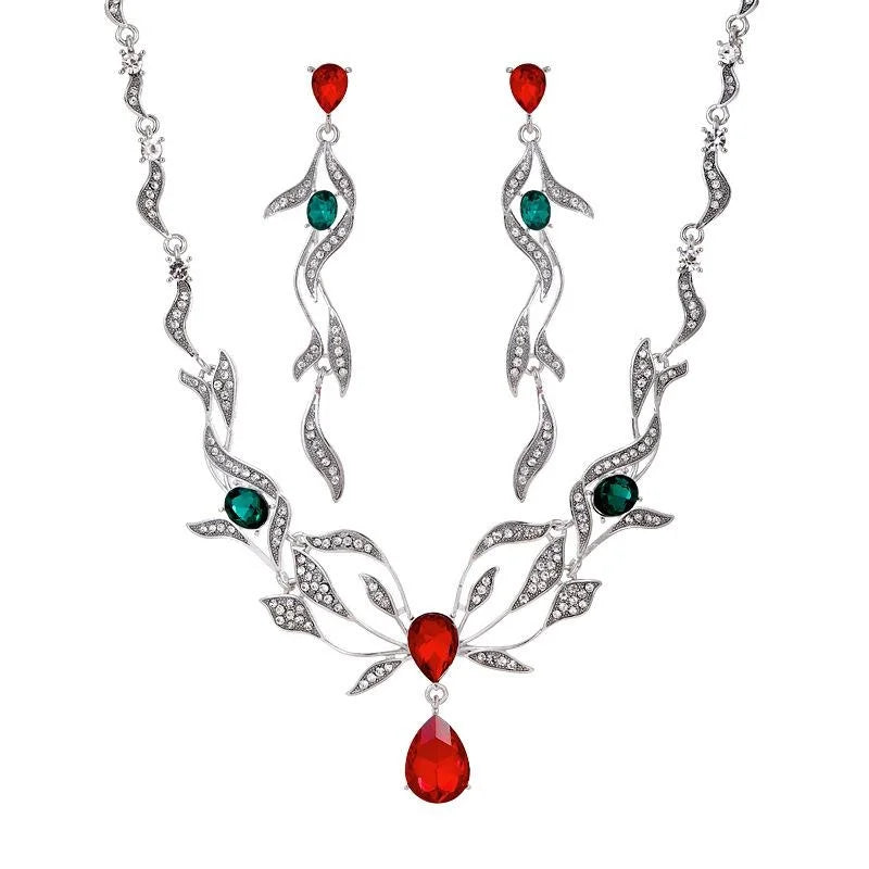 Luxury Red Green Crystal Rhinestone Leaf Necklace And Earrings Jewelry Set For Wedding Party Banquet Gift