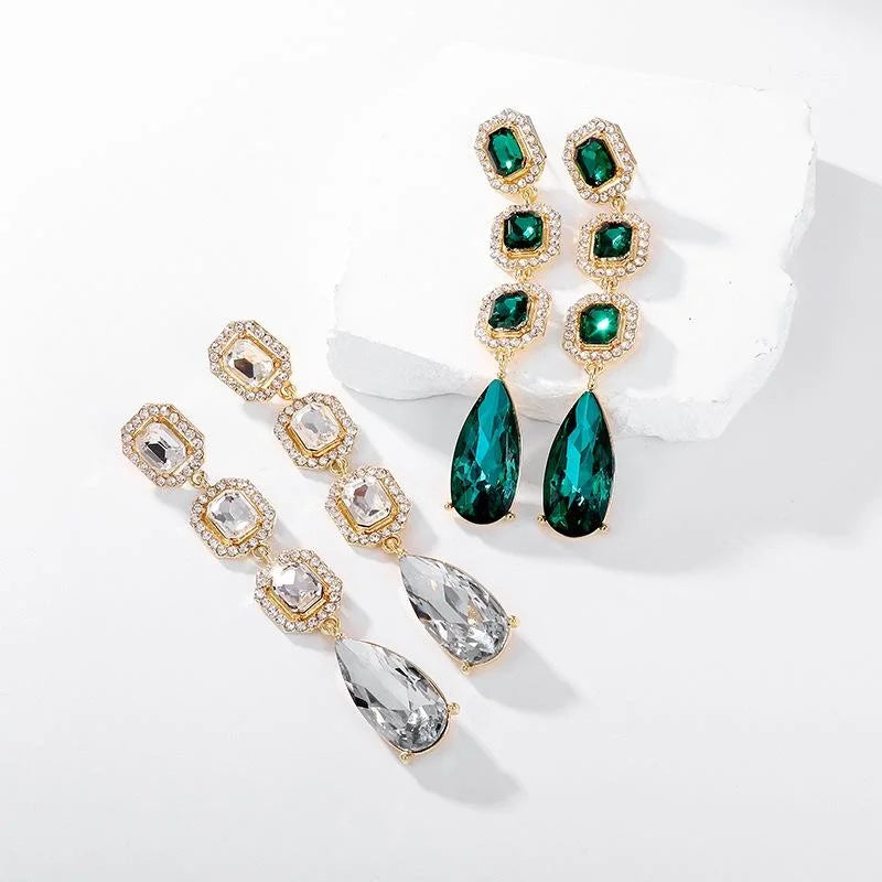 Luxury Green Crystal Rhinestone Drop Earrings Gold Tone Bridal Dangle Earrings For Wedding Party Gift