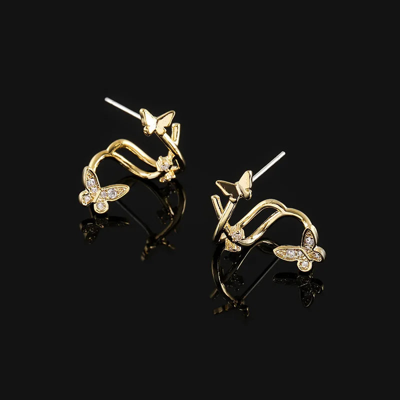 Elegant Double Butterfly Spiral Alloy Zircon Stud & Clip On No Piercing Luxury Women's Earrings