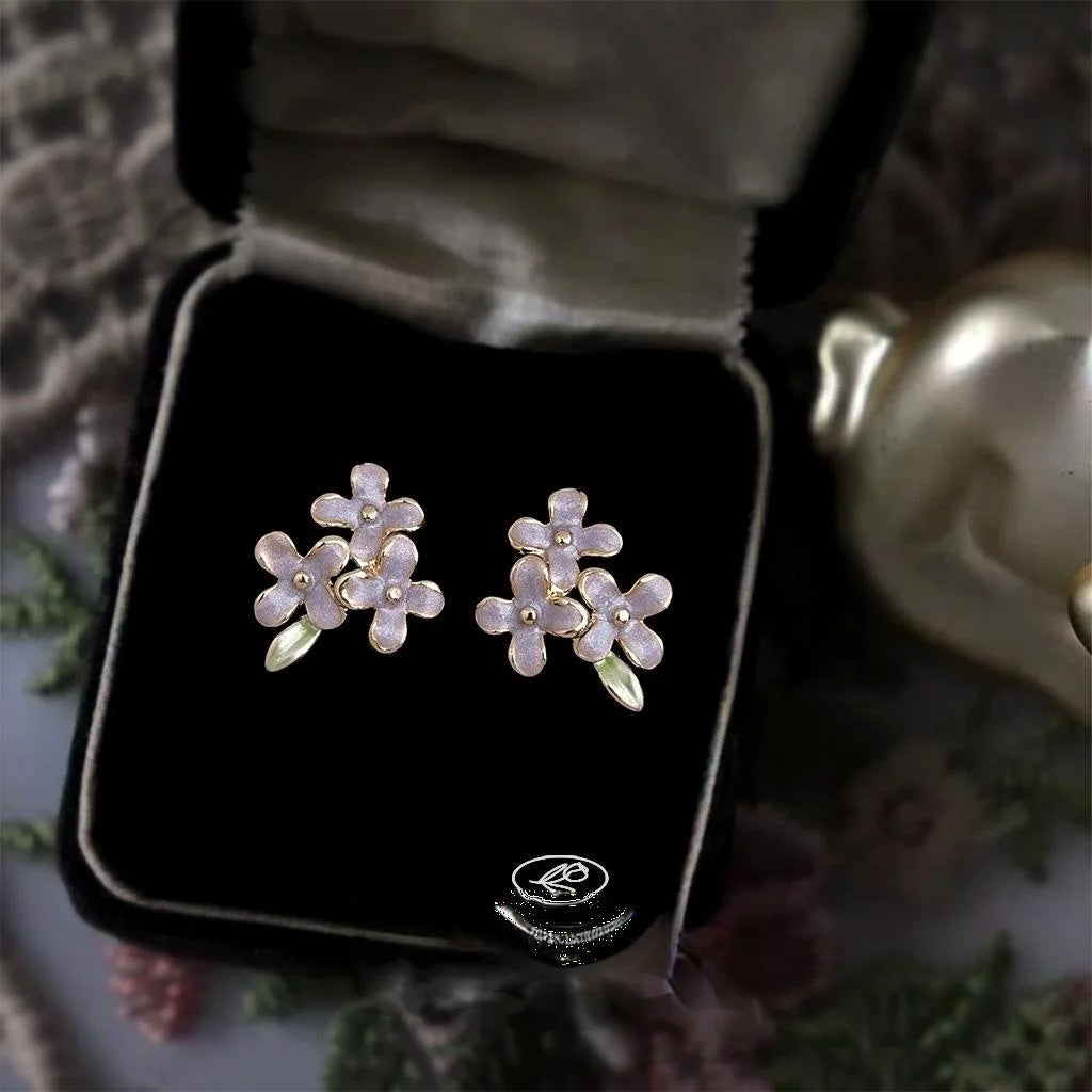 Sweet Purple Enamel Hydrangea Flower Copper 14K Plated Stud Earrings