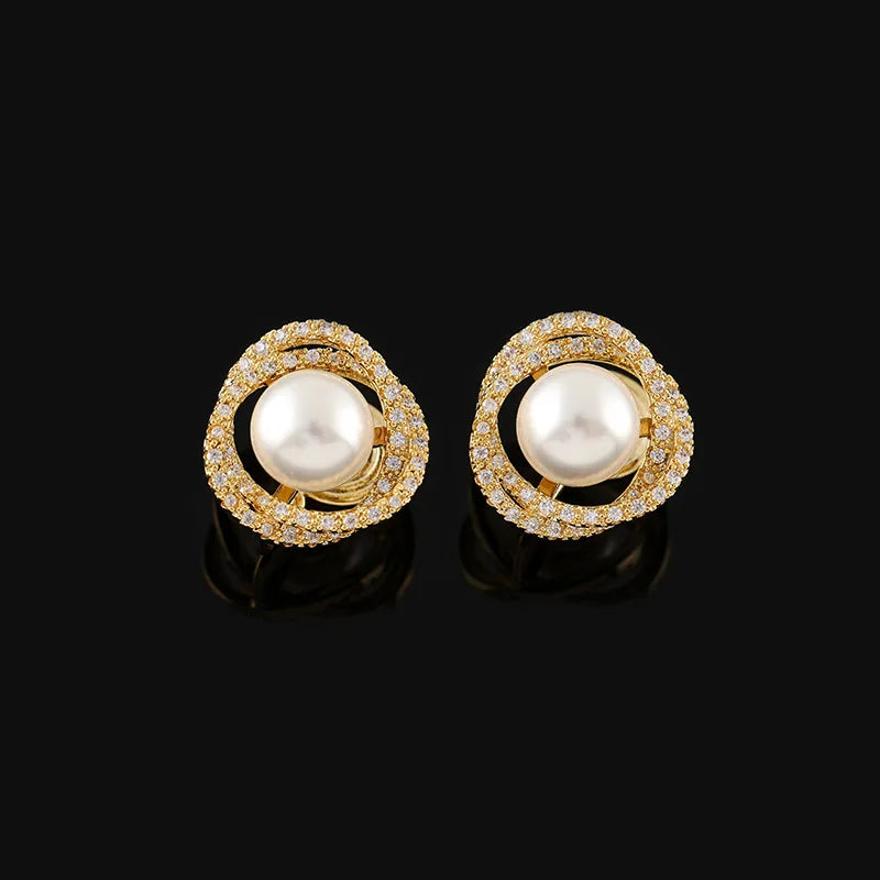 Luxury Gold Alloy Spiral Hoop Faux Pearl Zircon Stud & Clip On No Piercing French Vintage Earrings
