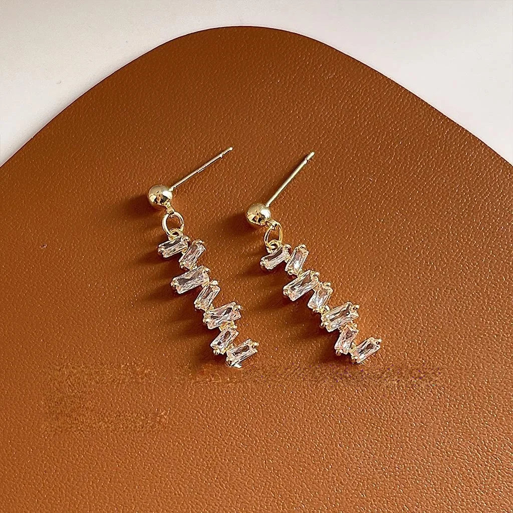 14K Gold Plated Copper Micro Pave Zircon Geometric Line Stud Earrings