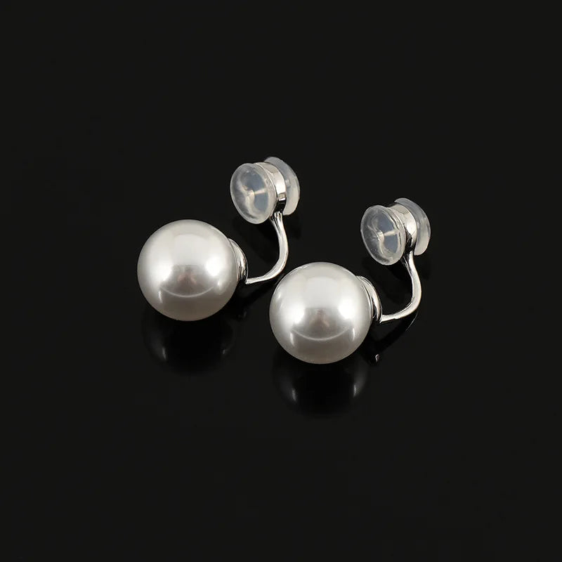Elegant Round White Pearl Alloy Stud & Clip On No Piercing Silicone Clip Women's Fashion Earrings