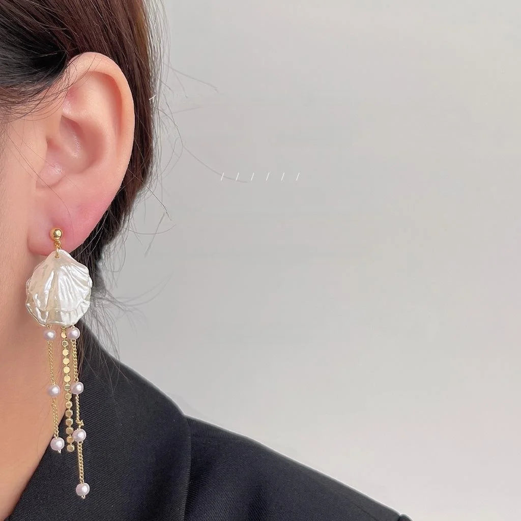 Korean Style Copper Flower Pearl Long Tassel Stud Earrings With 14K Plated Pins