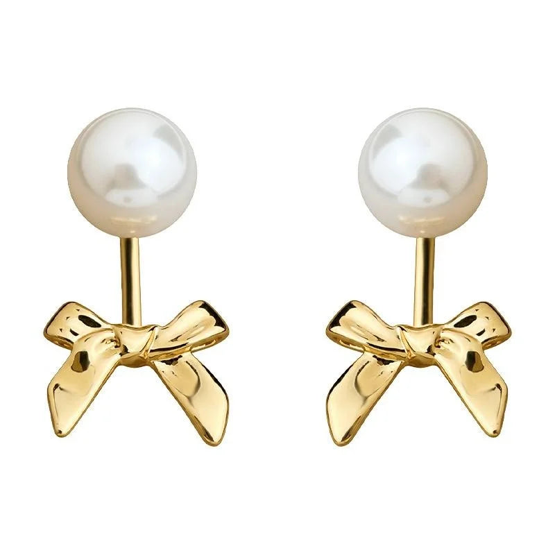 Two-Way Minimalist Bow Drop Earrings Copper Metal Glass Pearl Light Luxury Jewelry