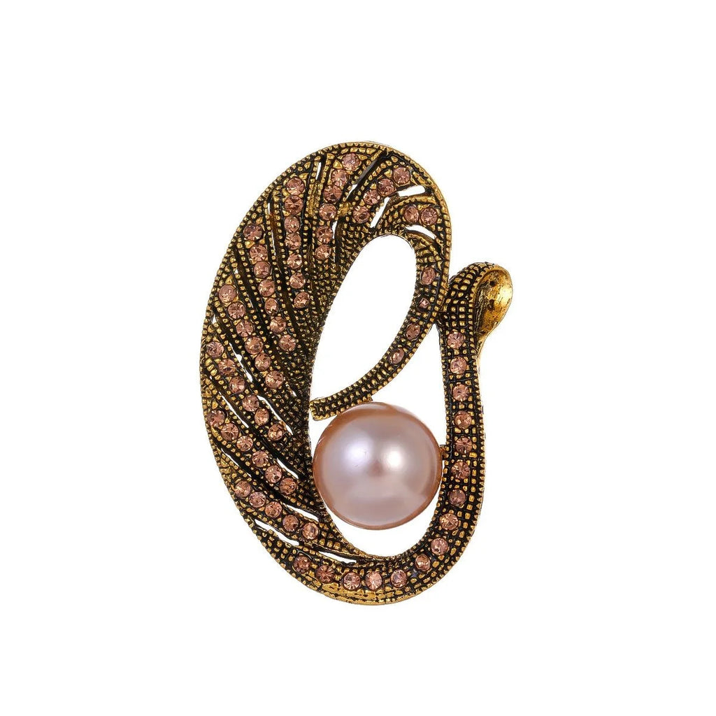 Vintage Gold Alloy Peacock Feather Brooch With Pearl And Champagne Rhinestones, Elegant Lapel Pin Gift