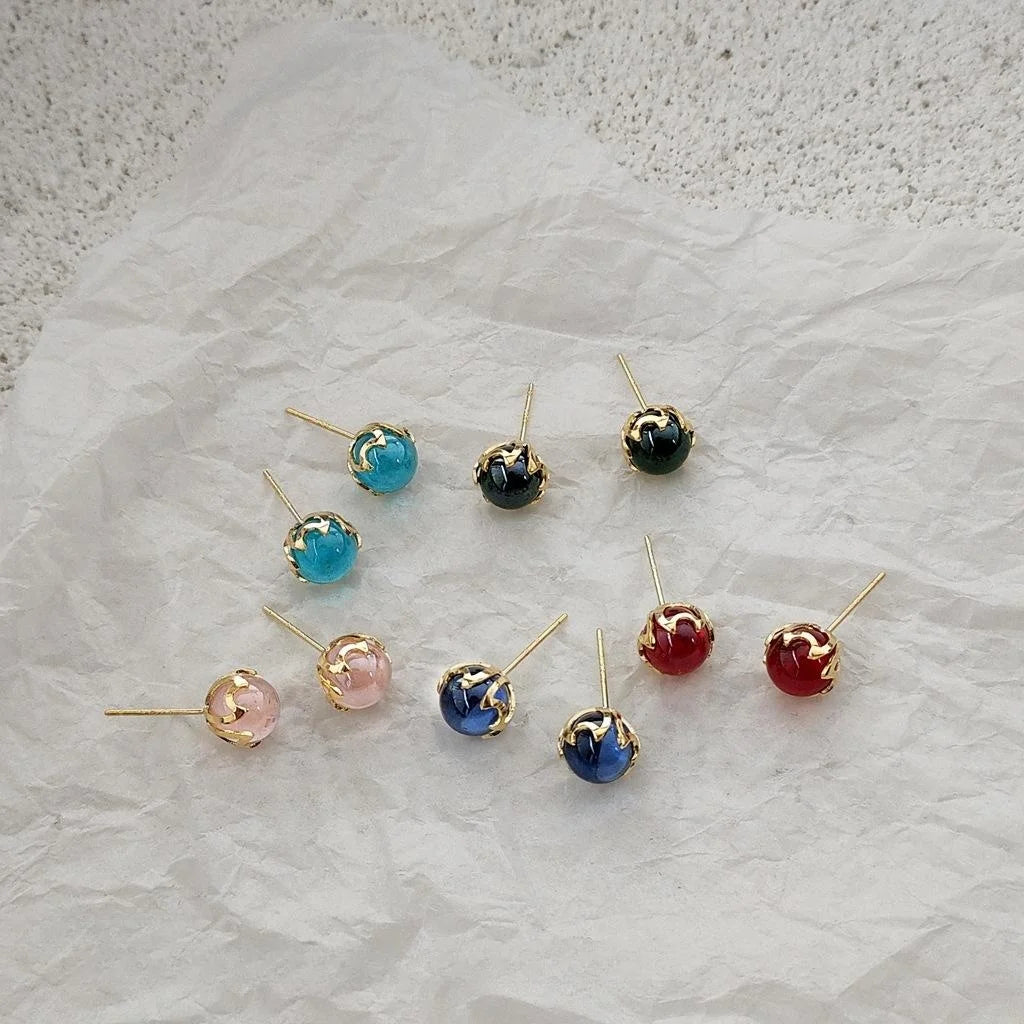 14K Gold Plated Mermaid Tear Glass Stud Earrings Creative Geometric Small Ear Jewelry