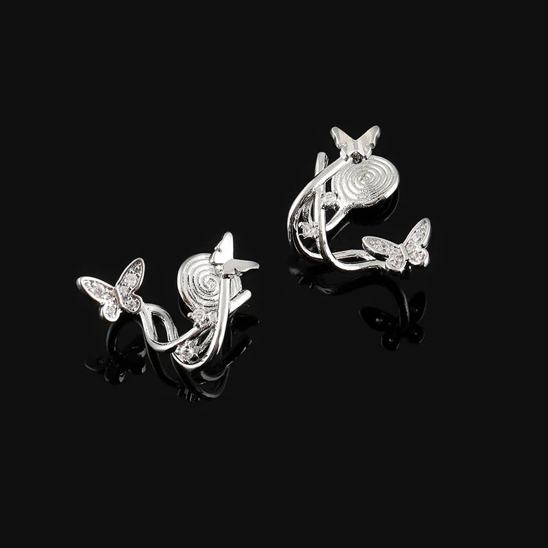 Elegant Double Butterfly Spiral Alloy Zircon Stud & Clip On No Piercing Luxury Women's Earrings