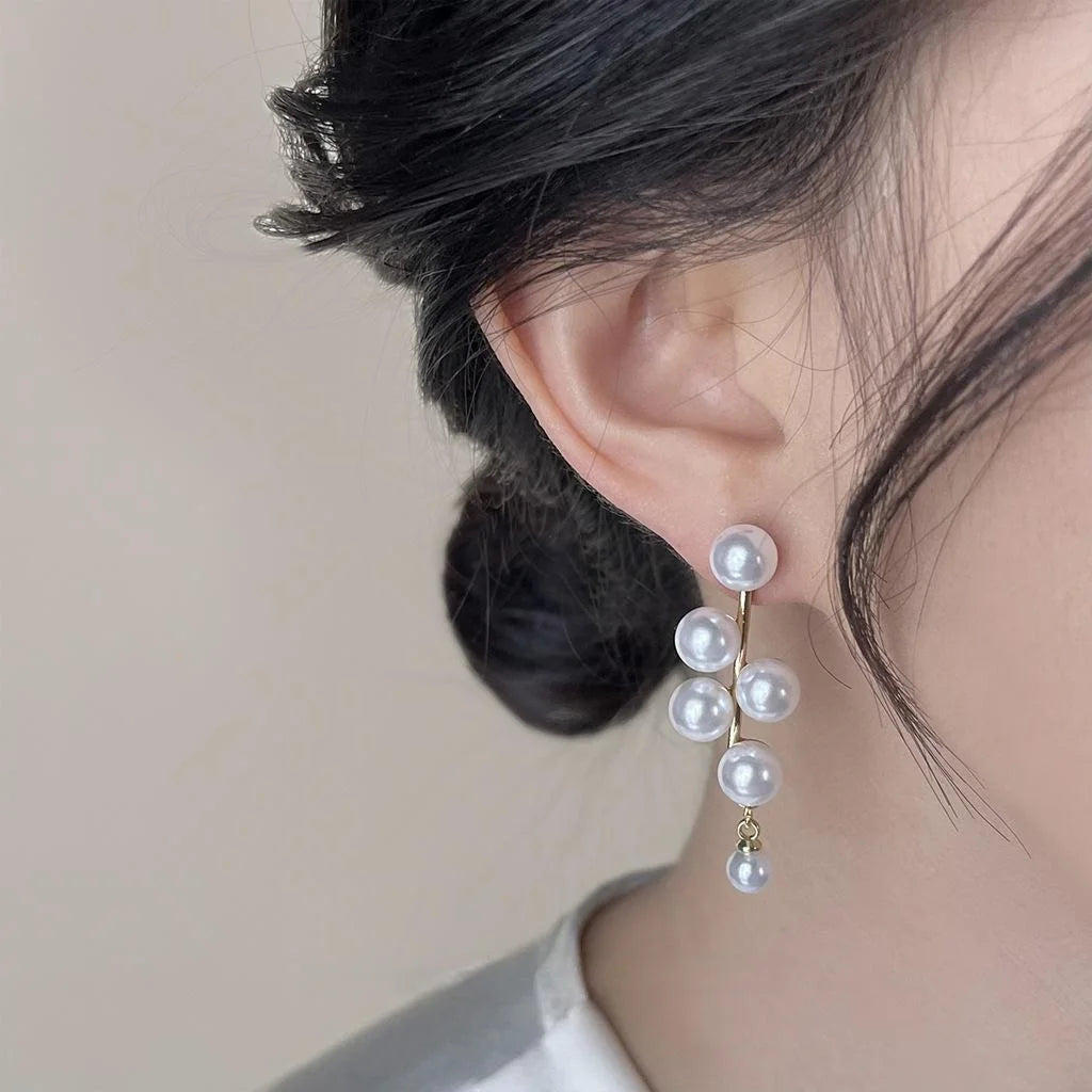 French Vintage High Gloss Pearl Tassel Stud Earrings, Two-Way Long Grape Cluster Design