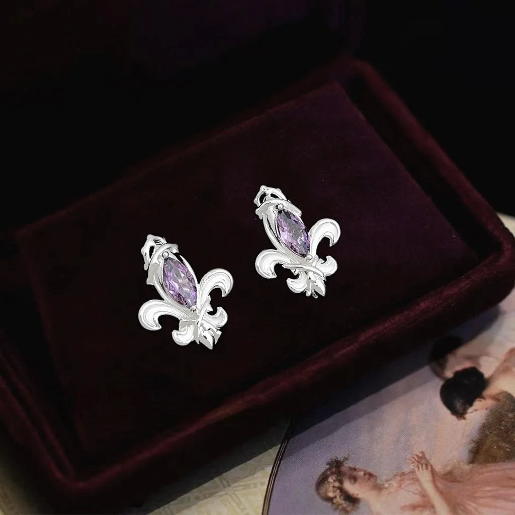 Iris Flower Purple Zircon Inlaid Eco Copper Stud Earrings Elegant Light Luxury Jewelry