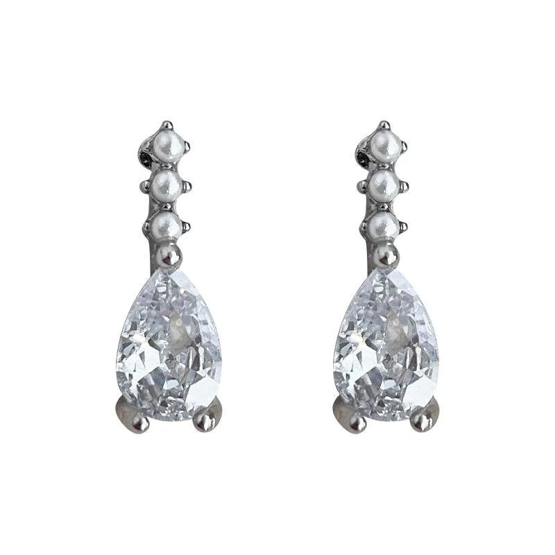Minimalist Copper Water Drop Stud Earrings With Micro Pave Zircon And Pearl Accent