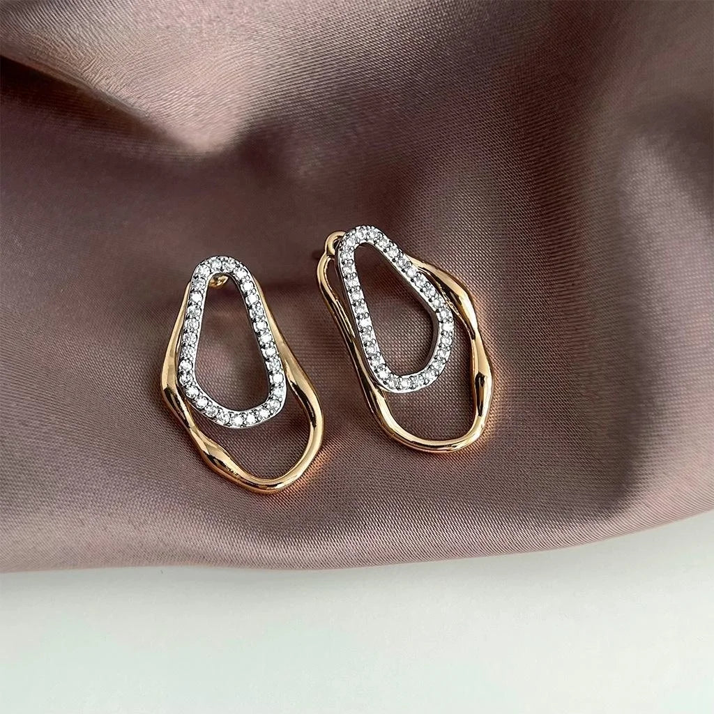 French Vintage Two Tone Copper Micro Pave Zircon Geometric Irregular Hollow Line Drop Earrings
