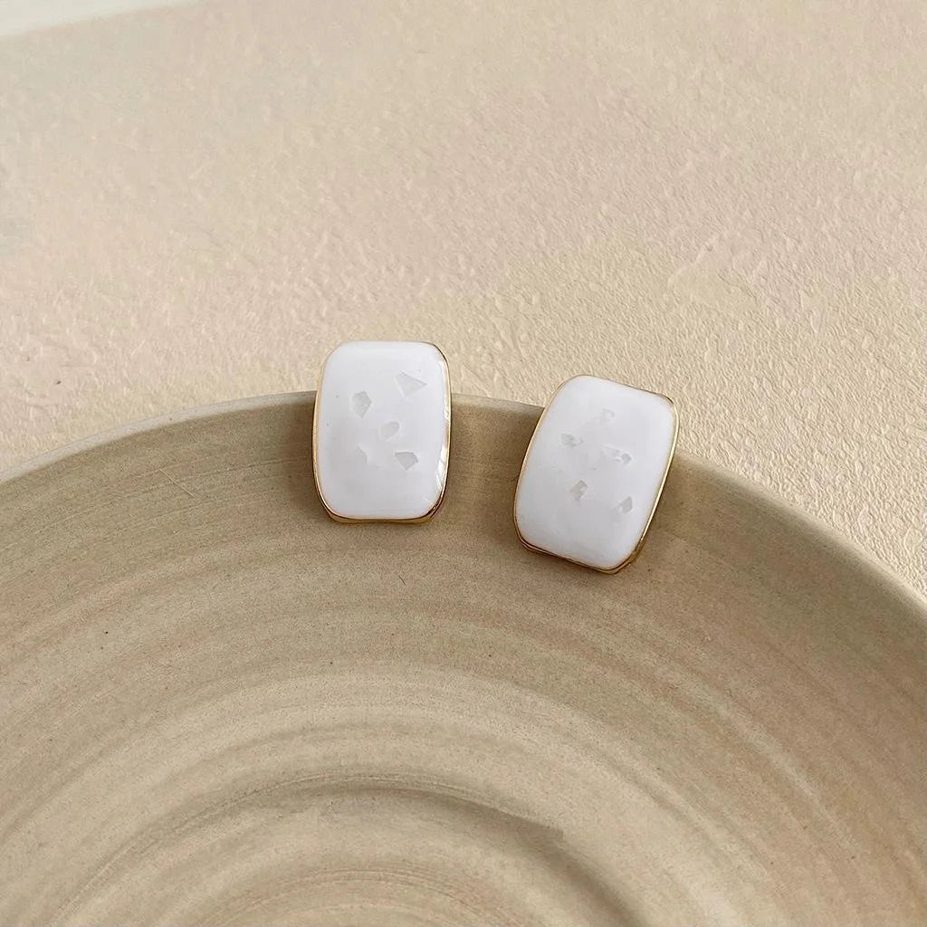 Natural Crushed Shell Square Stud Earrings Copper Geometric French Vintage Minimalist Jewelry
