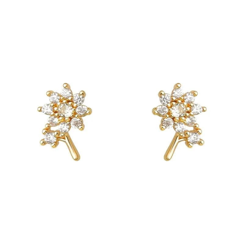 14K Plated Copper Micro Pave Zircon Flower Stud Earrings, Petite Chic Floral Petal Jewelry