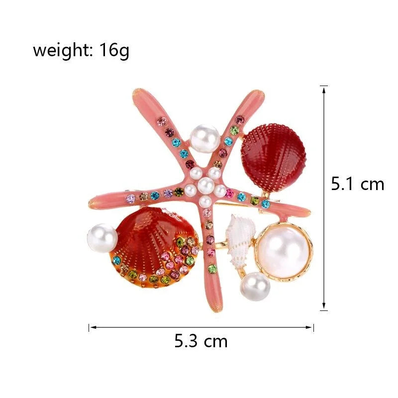 Elegant Enamel Starfish And Seashell Brooch With Rhinestones And Faux Pearls, Ocean Lapel Pin Gift