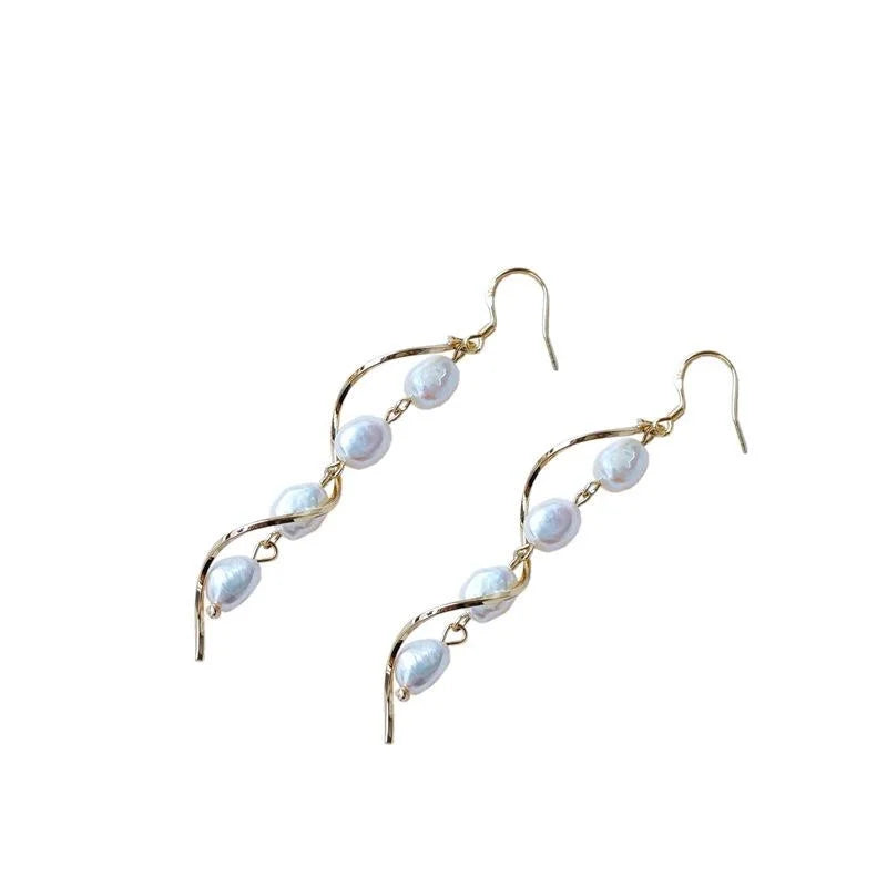 Handmade Baroque Irregular Freshwater Pearl Wave Line Silver Plated Stud Earrings