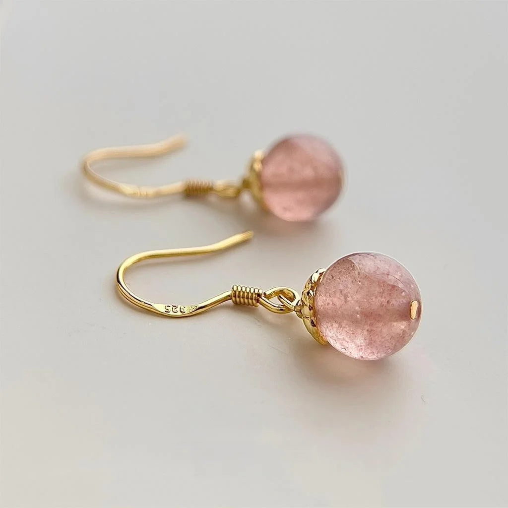 Handmade Copper Strawberry Quartz Tassel Drop Earrings, Sweet Geometric New Chinese Style