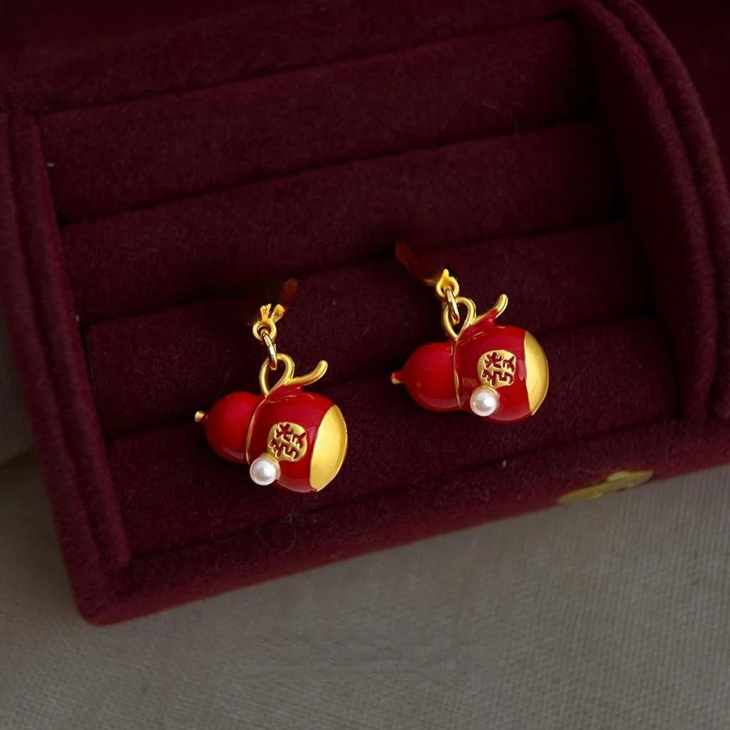 Lucky Red Enamel Gourd Drop Earrings Eco-Friendly Copper New Chinese Ethnic Jewelry