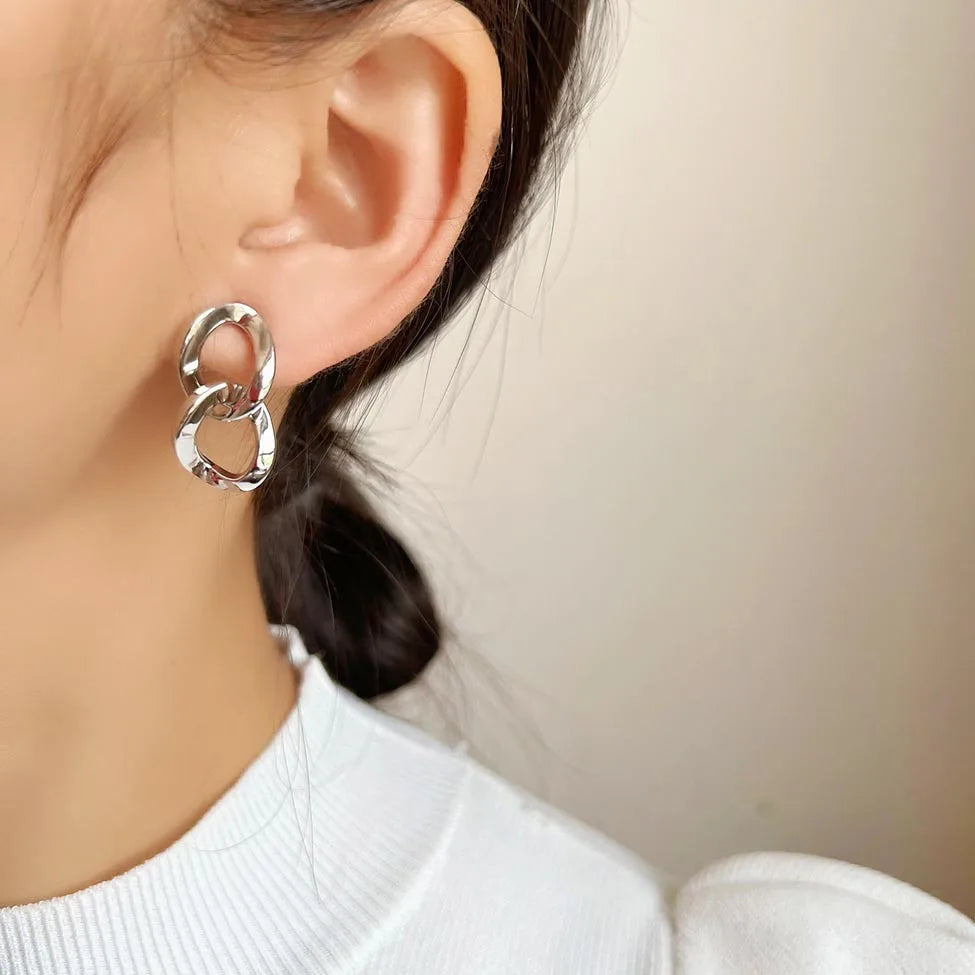 Vintage Silver Alloy Chunky Chain Link Drop Stud & Clip On No Piercing Hong Kong Style Earrings