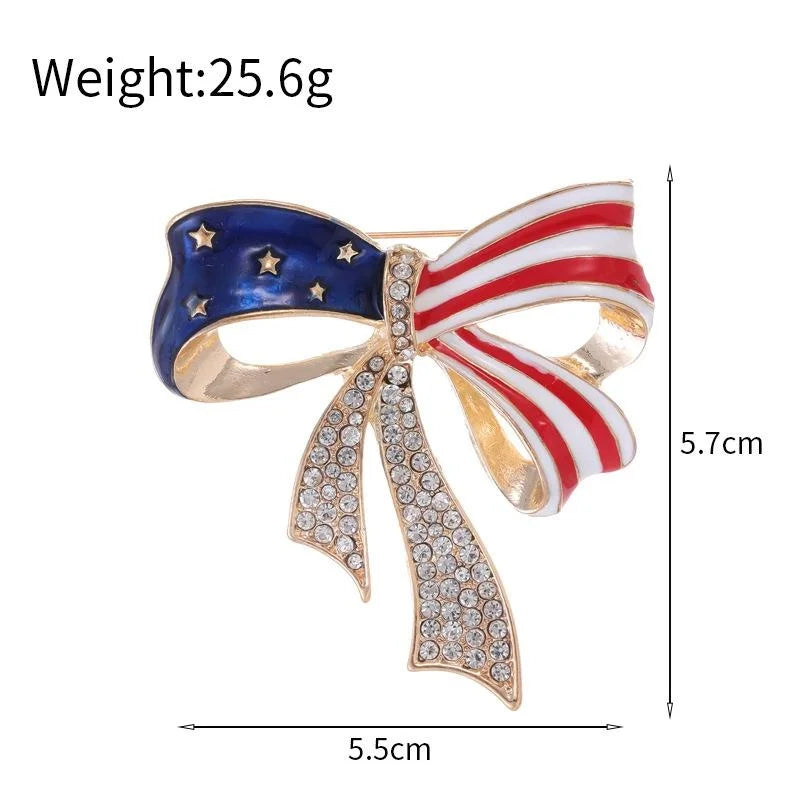Elegant American Flag Bow Enamel Rhinestone Alloy Brooch For Women Lapel Pin Corsage Suit Accessory Gift