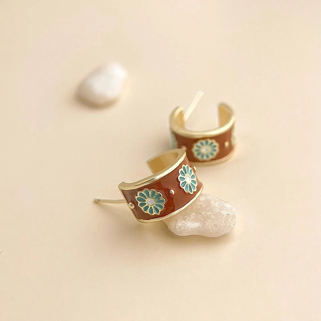 Vintage French Brown Enamel Glazed Geometric Round Copper Stud Earrings