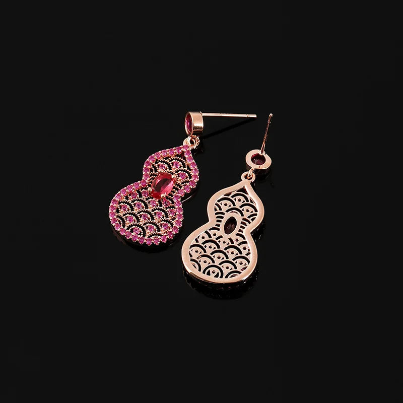 Luxury Rose Gold Hollow Gourd Floral Zircon Dangle Stud & Clip On No Piercing Women's Earrings