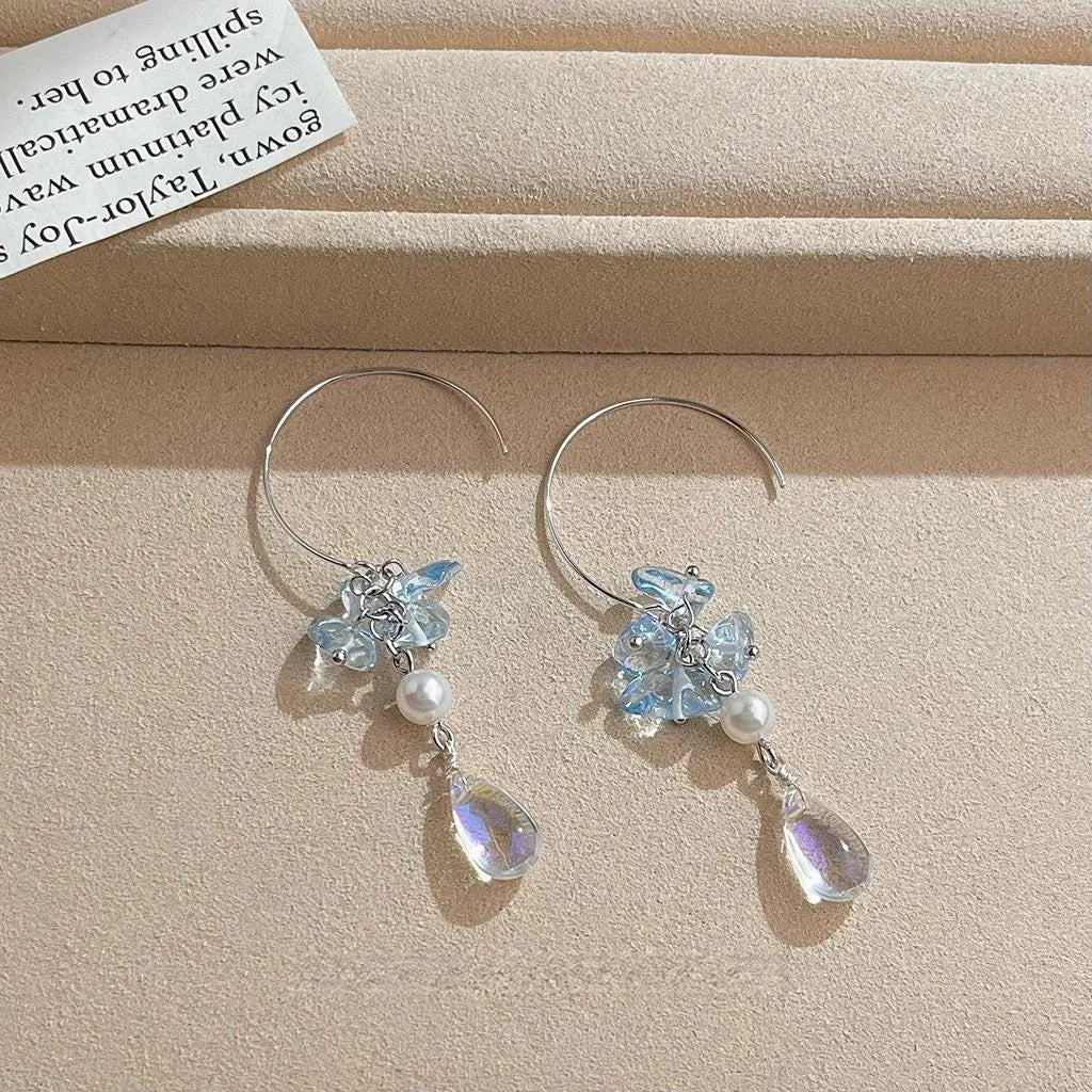 Fresh Summer Vacation Style Glass Crystal Teardrop Tassel Drop Earrings