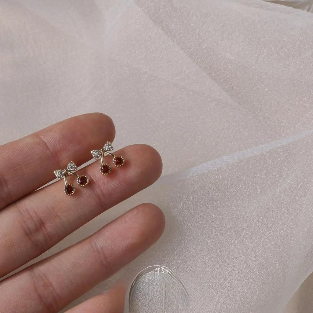 14K Gold Plated Copper Mini Cherry Stud Earrings With Micro Pave Zircon Simple Korean Style